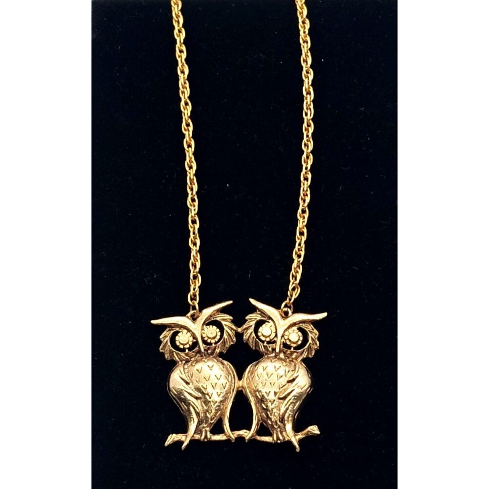 Vtg Unsigned Gold Tone Double Owl on Branch Long Chain Sweater Necklace 24"